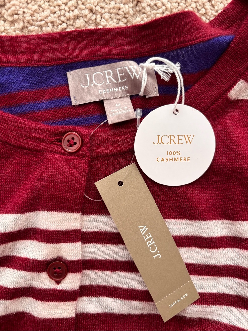 J. Crew Red and Cream Striped Cashmere Cardigan